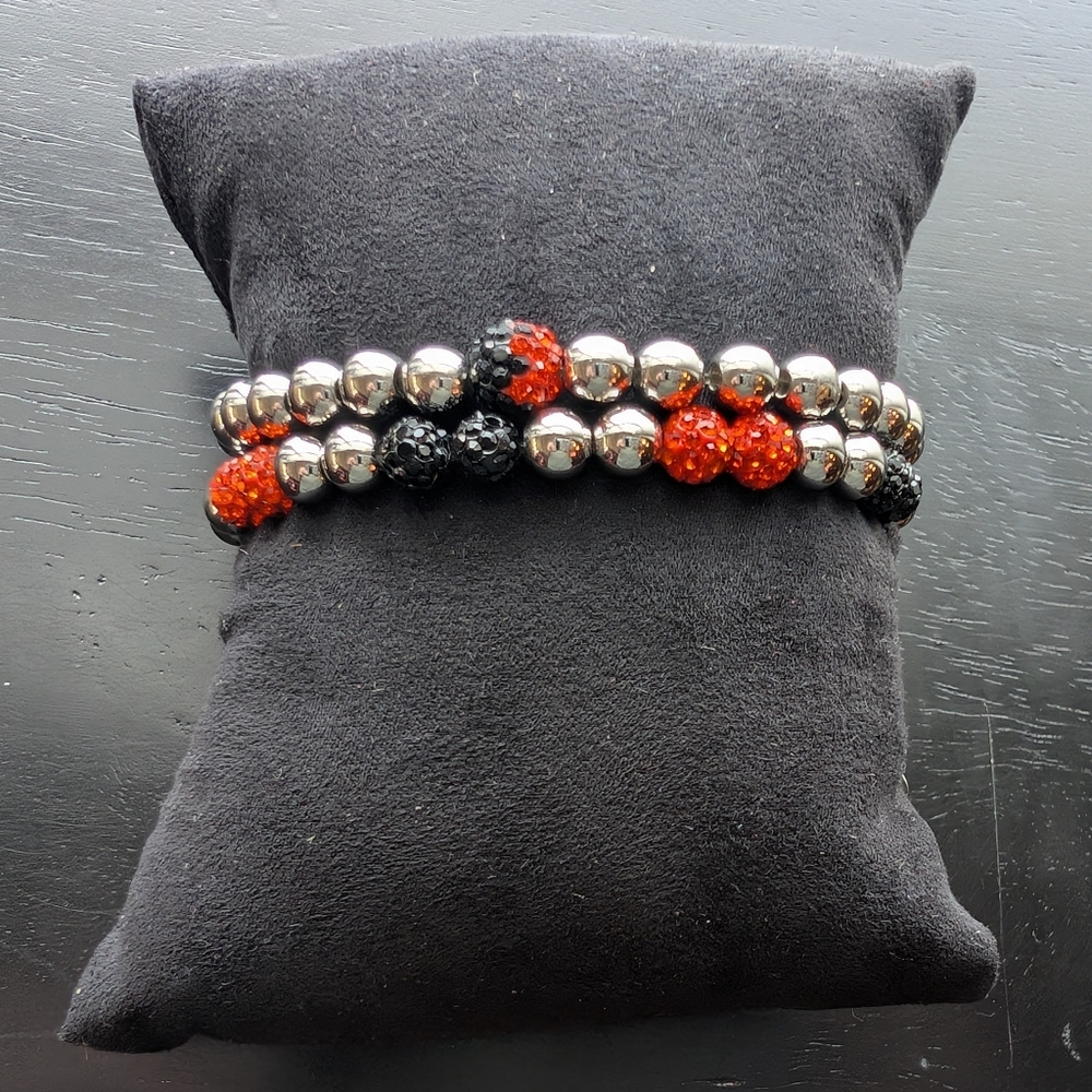 Rustic Cuff Orange, Black And Silver Beaded Bracelet Set